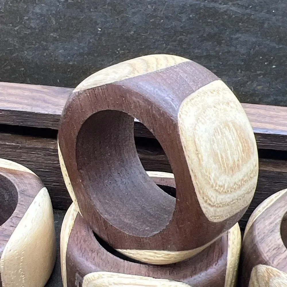Set 12 Lathe Turned Two Tone Wood Napkin Rings Teak Boho Natural Handmade w/ Box